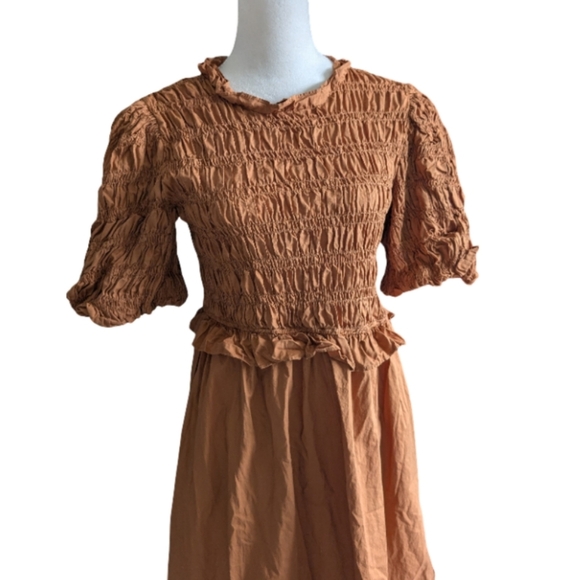 Anthropologie Moon River Caramel Smocked Midi Dress Puff Sleeve M - Picture 10 of 15